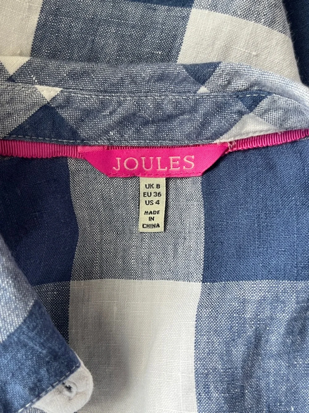 100% Linen Navy Blue White Gingham Midi Dress Button Front with Pockets Size 4 - Picture 7 of 8